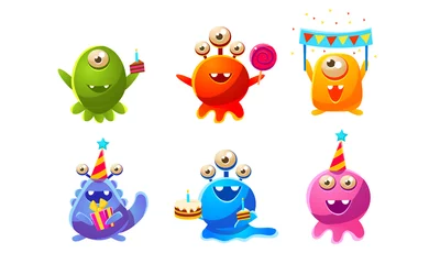 Fotobehang Collection of Cute Funny Colorful Monsters Cartoon Characters, Birthday Party Design, Happy Mutants Celebrating Party Vector Illustration © topvectors