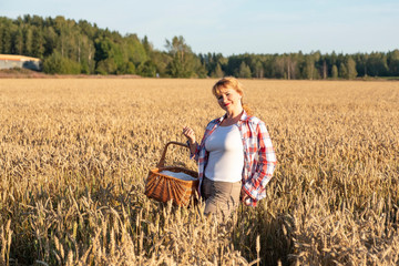 A girl with red hair and a wicker basket in her hands is standing on a field with ripe ears of corn. Countryside and sunset.