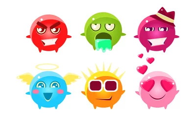 Fotobehang Colorful Glossy Bright Fantastic Balls Cartoon Characters Set, Cute Funny Monsters with Various Emotions Vector Illustration © topvectors