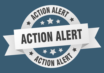 action alert ribbon. action alert round white sign. action alert
