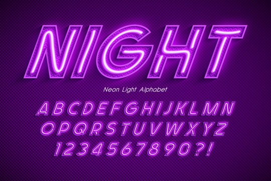 Neon light 3d alphabet, extra glowing font.