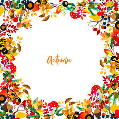 Autumn vector frame with berries, acorns, pine cone, mushrooms, branches and leaves.