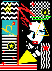 Girl with red lips, modern pop art background with vivid colors
