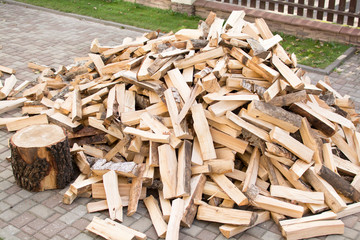 Birch wood split into pieces for fireplace and home heating