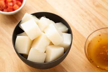 Tofu Jelly in bowl on wooden background