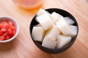 Tofu Jelly in bowl on wooden background