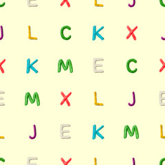 Seamless pattern with alphabet. Handmade modeling clay letters. Realistic 3d vector lettering background.