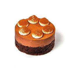 Chocolate cake with cream toppings isolated on white background