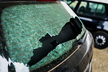 Closeup view of a damaged glass from car theft
