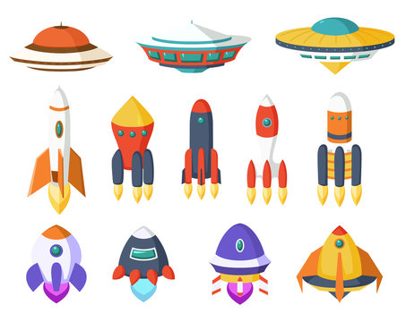 Vector of spaceship, Spacecraft, Rocket, UFO. A set of cute and colorful icon collection isolated on white background.
