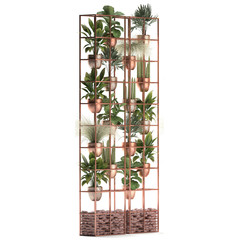 Decorative shelf with copper flower pots, vertical garden