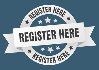 register here ribbon. register here round white sign. register here
