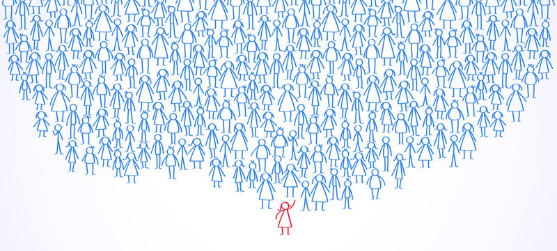 March of activists with female leader, group of stick figures