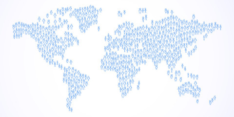 World map, stick figures forming world population, planet earth