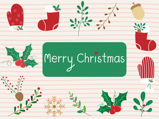 Beautiful and cute Christmas botanic and decor items on white and pink stripe background. Sweet mistletoe, red gloves and sock, pine cones, acorn and snowflake with copy space and text Merry Christmas