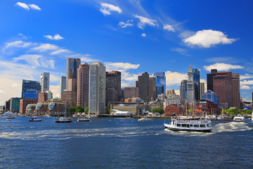 Boston skyline with passenger boat on the foreground, Massachusetts, USA