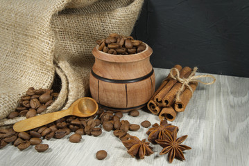 Coffee beans, star anise and cinnamon sticks