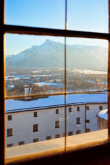 View from window glass on Salzburg of Austria in snow