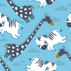 Zebras and giraffes, hand drawn backdrop. Colorful seamless pattern with animals, sky. Decorative cute wallpaper, good for printing. Overlapping background vector. Design illustration