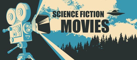 Vector poster for fiction movie festival with old-fashioned movie camera and flying saucer on the backdrop of the earth landscape. Suitable for poster, flyer, billboard, web page, ticket, advertising © paseven