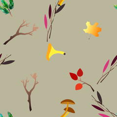 Autumn vector seamless pattern with berries, acorns, pine cone, mushrooms, branches and leaves.