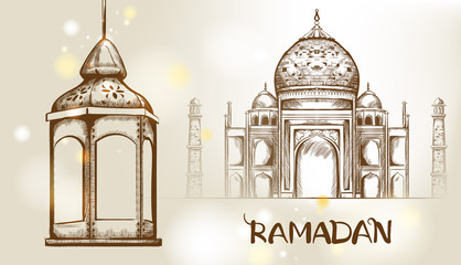 Obraz premium Rose gate pillar lantern with golden moon and mosque on background Vector card. Ramadan text. Light sparkles. Rococo texture pattern and line art