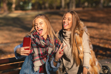 Two young women sitting on a bench and making selfie in the park