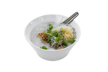 Rice congee with minced pork, boiled egg and vegetable in white ceramic bowl isolate on white background with clipping path.