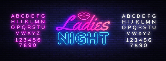 Ladies Night neon sign vector. Night Party Design template poster neon sign, light banner, nightly bright advertising, light inscription. Vector illustration. Editing text neon sign