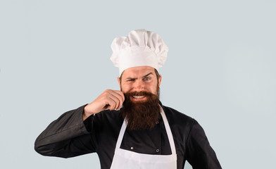 Chief cook and professional culinary. Bearded man in kitchen apron. Male cook in chef hat. Chef, cook or baker man. Bearded man chef in uniform. Professional cook man. Chef ready to cooking new dish.