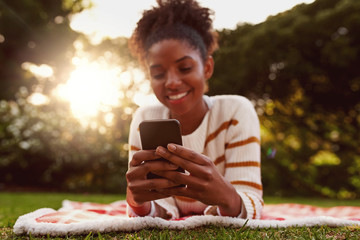 Portrait of a smiling young african woman lying on blanket over green grass texting messages on...