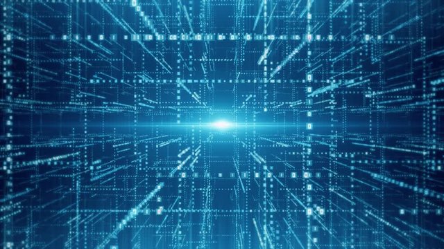 Abstract technological virtual tunnel space with binary digits flow.  Science and technology sci-fi concept. Seamless looping 3d rendering.