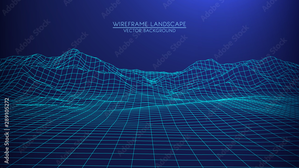 Poster vector retro futuristic background. abstract digital landscape with particles dots and stars on hori