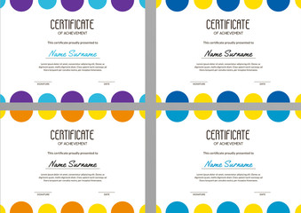 Collection of bright certificate templates with yellow, orange, blue, purple circles on the white background. Vector A4 scaled geometrical certificates of achievement