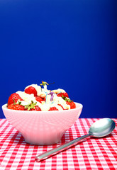 Conceptual image of miniature figures skiing in a bowl of strawberries and cream