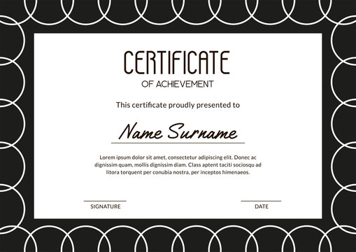 Simple minimalism certificate with white outline circles on the black background. Clean template with frame for courses, competitions, gift cards. A4 scaled vector illustration with sample text