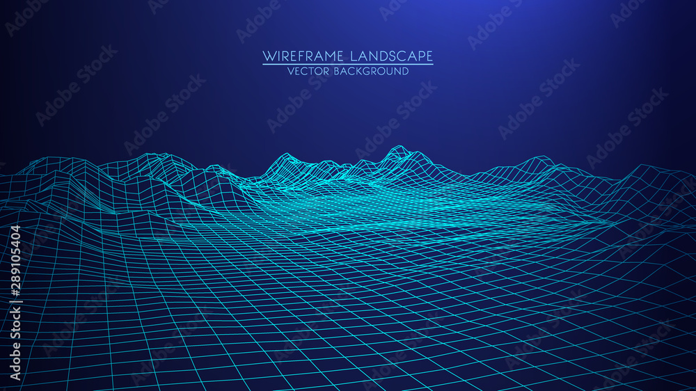 Poster vector retro futuristic background. abstract digital landscape with particles dots and stars on hori