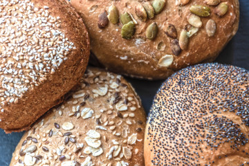 several varieties of wholegrain bread rolls