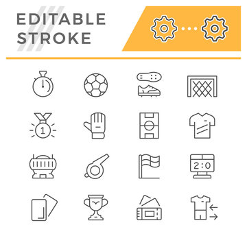 Set editable stroke line icons of soccer