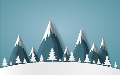winter with homes and snowy paper art . beautiful scenery in the design vector