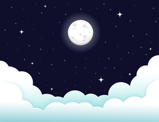 Naklejka premium night sky with stars and moon. paper art style.Vector of a crescent moon with stars on a cloudy night sky. Moon and stars background.Vector EPS 10.