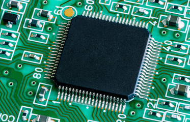 Close up on chip on computer circuit board