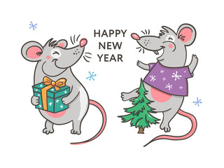 Template image Happy new year party with rat, white background new year 2020. Funny sketch mouse Vector illustration.