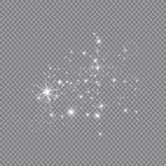 Dust white. White sparks and golden stars shine with special light. sparkles on a transparent background. Christmas abstract pattern. Sparkling magical dust particles.