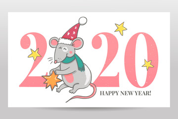 Template image Happy new year party with rat, white background new year 2020. Funny sketch mouse Vector illustration.