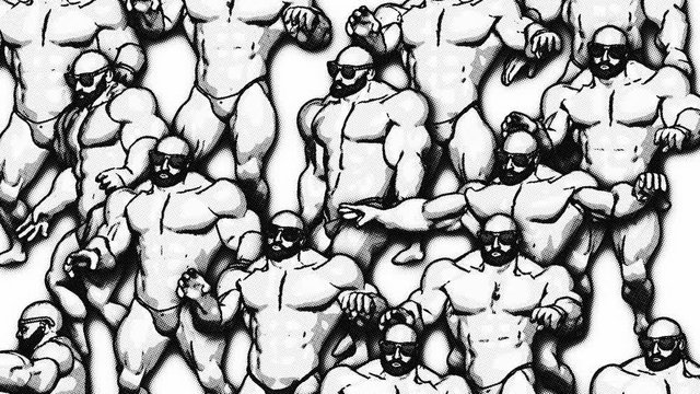 Seamless animation of a group of dancing muscular men with swimming trunk. Funny summer background cartoon hand drawn style in black and white 