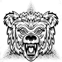 Hand drawn vector roaring bear. T-shirt design. Wild grizzly, angry animal head illustration