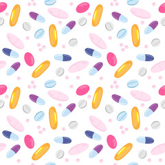 Pills seamless pattern. Vector illustration of colorful vitamin tablets and capsules on white background.