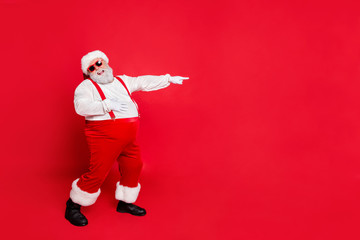 Full body photo of comic bully fat overweight santa claus with funny big belly point at loser laugh...