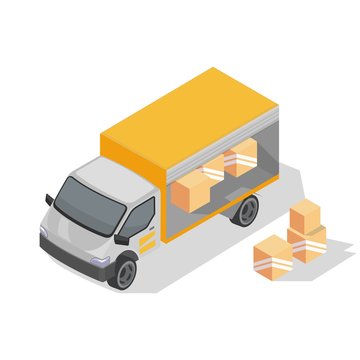 Box truck with yellow body is ready to delivering parcels. Van with goods in cardboard package. Logistic, transportation, freight insurance concept. Vector isometric illustration isolated on white.